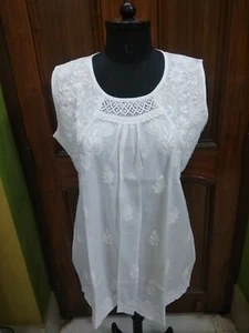100% COTTON SLEEVELESS L 42" HANDMADE ETHNIC CHIKAN EMBROIDERY TOP KURTA TUNIC - Picture 1 of 6