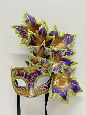 Venetian Mask leaf Green, purple gold sparkle Made In Venice taly - Image 1 of 4