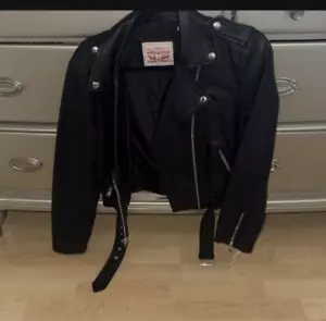 Levi's Black Motorcycle Jacket Faux Leather Moto Belted - Womens medium - Picture 1 of 3