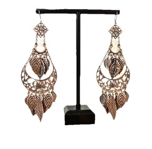Boho bohemian chandelier dangle earrings rose gold tone leaf filigree pierced - Picture 1 of 4