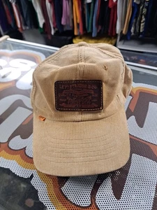 VINTAGE Levis Hat Cap Snapback Beige Brown Corduroy Orange Tab 80s Leather Patch - Picture 1 of 13