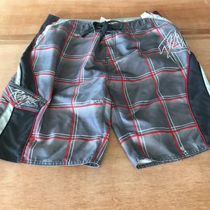 Rip Curl Board Swim Shorts Men 36 Gray Plaid Tie Waist Pocket Beach Athleisure - Picture 1 of 12