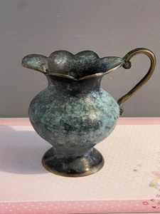 Vintage Brass Jug/Vase Scalloped Rim 12cm High. Blue/Green Patina Finish - Picture 1 of 6