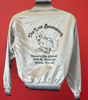 Vintage 1980s Swingster Satin Jacket Silver “The Lost Boomerang” Men’s Medium - Image 1 of 4