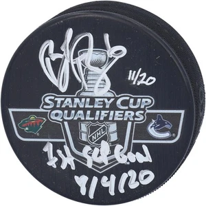 Brock Boeser Canucks Signed 2020 Qualifiers vs Wild Match-Up Puck & Insc- LE 20 - Picture 1 of 2
