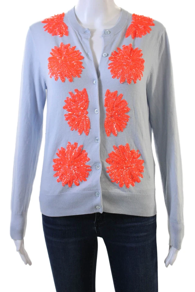 J Crew Women Light Blue Floral Button Cardigan 66% Cotton Size M - Image 1 of 4