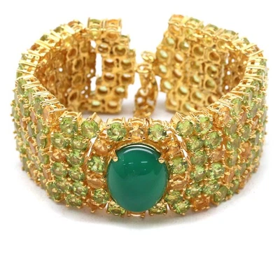 925 Silver 16 x 20 mm. Green Agate, Citrine & Peridot Statement Bracelet 9.0" - Image 1 of 4