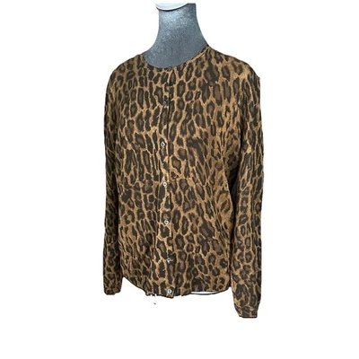 Lauren Ralph Lauren Silk Blend Leopard Print Cardigan Brown Size Petite Large - Image 1 of 4