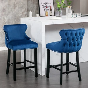 2 Set Bar Stool Velvet Counter Height Bar Stools Nailhead Trim Wooden Legs Blue - Picture 1 of 9