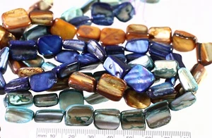 MOP Mix, 3 Strands Blue,Brown, Turquoise Mother of Pearls Flattened Tube Bead  - Picture 1 of 3