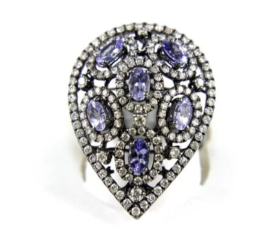 Natural Pear Tanzanite & Diamond Cluster Lady's Black Ring 14k White Gold 2.90Ct - Image 1 of 4