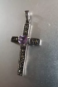 Vintage Sterling Silver Small Cross Pendant Purple Stone & Marcasite Pls Read - Picture 1 of 9