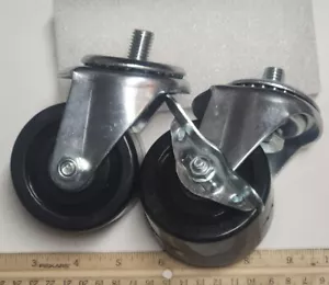 Caster Wheel 3" x 2' Hard Rubber Threaded Swivel Stem Set Of 2 1 Locking 1 Free - Picture 1 of 11