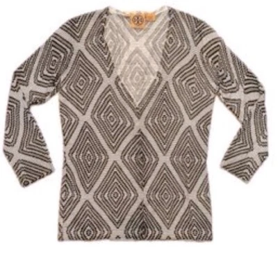 Cárdigan Tory Burch Gris Negro Lana Geométrica Cuello en V Abotonado Talla Mediana Foto 1 de 4