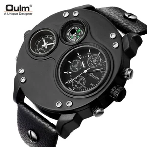 OULM Men's Dual Time Zone Watch with Compass Military Style Outdoor Wristwatch - Picture 1 of 16