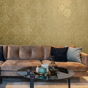 Embossed Yellow Gold metallic lattice damask faux grasscloth textured Wallpaper - Picture 1 of 12