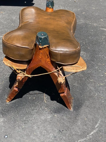 vintage camel saddle wood with folding legs brown naugahyde green leather accent Cover