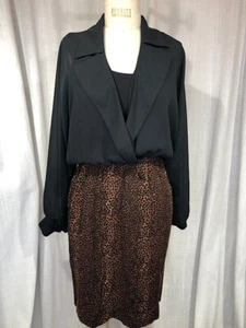 Vintage 80s Black and Leopard Print Dress - Picture 1 of 5