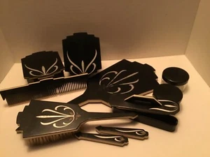 Vintage Art Nouveau Vanity Set - Rare Black with Cream Bakelite Edging - 15 Pcs - Picture 1 of 12