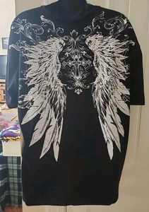 Size L Cyber Goth Cross Angel Wings Punk Grunge Womens Top Shirt - Picture 1 of 2