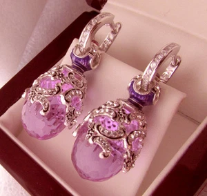 EXQUISITE EARRINGS STERLING SILVER 925 with AMETHYST and ENAMEL - Picture 1 of 1