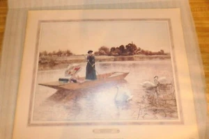 Vintage PUNTING POMERIDIANO, di B.D. Stampa artistica Sigmund 16 x 20 Barca donna cigni lago - Foto 1 di 12