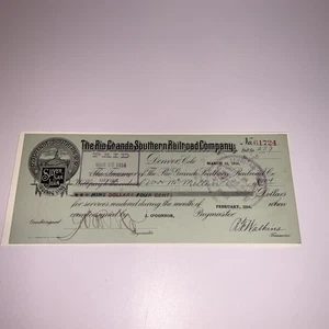 Antik: 1914 gebrauchter Scheck: Rio Grande Southern Railroad Company, Denver Co.1914 - Bild 1 von 6