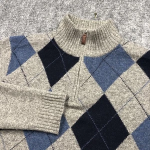 J. Crew 100% Lambswool Men's Large Gray Blue Argyle 1/4 Zip Pullover Sweater - Picture 1 of 9