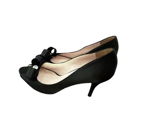 Isaac Mizrahi Black Satin Fabric Peep Toe Rhinestone Evening Shoes Size 9B EUC - Picture 1 of 11