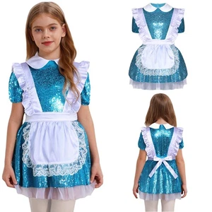 Girls Princess Sequins Outfits Turn-down Collar Short Sleeve Skirt Apron Wedding - Picture 1 of 19