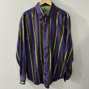 Robert Graham Purple/Brown /Green Stripe Long Sleeve Flip Cuff Button Shirt XL - Picture 1 of 6