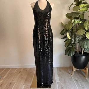 Vintage Basix II Silk Sequin Halter Evening Gown Cocktail Backless Prom Dress - Picture 1 of 9