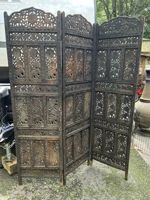 ВИНТАЖНЫЙ РУЧНОЙ РЕЗЬБЫ ИЗ ТИКОВОГО ДЕРЕВА 3 ПАНЕЛИ КОНФИДЕНЦИАЛЬНОСТИ КОМНАТЫ РАЗДЕЛИТЕЛЬ ЭКРАНА - Изображение 1 из 4