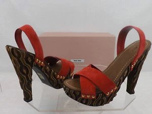 NIB MIU MIU PRADA RED LEATHER SUEDE STADDED WOODEN PLATFORM PUMPS SANDALS 39.5 - Picture 1 of 12