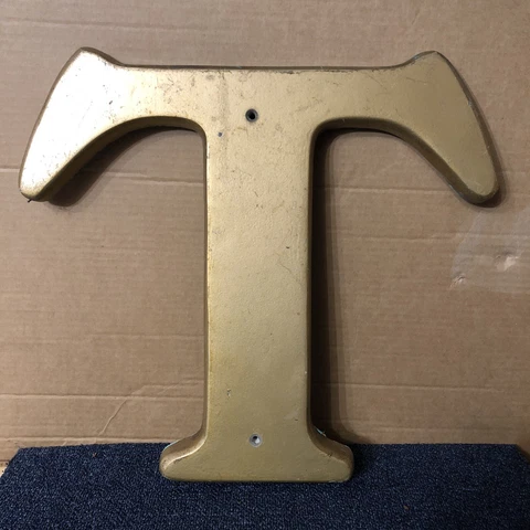 Reclaimed Shop Letter T,  15” x 16”, Plaster, Gold Paint (C8) Cover