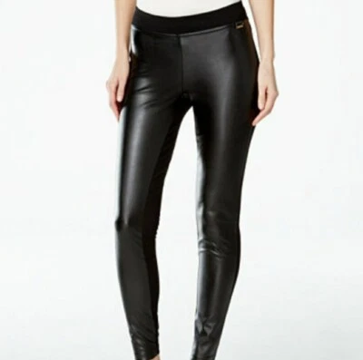 NUEVO Pantalones delanteros Calvin Klein negros de imitación de cuero talla XS NUEVOS CON ETIQUETAS Power Stretch ajustados Foto 1 de 4