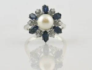 Ring Akoyaperle Saphir 585/000 14 K Weißgold 6 Diamanten zus. 0,12 ct - Bild 1 von 3
