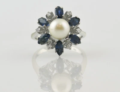 Ring Akoyaperle Saphir 585/000 14 K Weißgold 6 Diamanten zus. 0,12 ct - Bild 1 von 3