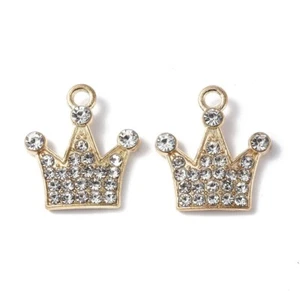 10 Pretty Princess Crown Shaped Gold Tone Charms with Clear Rhinestone Detail - Picture 1 of 3