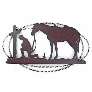 Praying Cowboy Kneeling at Cross with Horse Rustic Metal Western Wall Decor - Picture 1 of 5