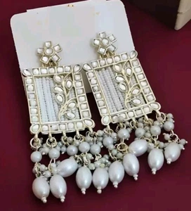 Elegante Pendiente Afgano Plata Jhumka Kundan Blanco Perla Ropa de Fiesta Circonita Joyería - Imagen 1 de 2