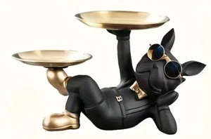 Deko Französische Bulldogge mit Tablett in Schwarz + Extra Sonnenbrille NEU - Bild 1 von 1