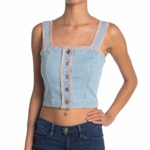 7 For All Mankind Womens Denim Crop Bustier Light Wash Frayed Tank Top Sz M New - Picture 1 of 8