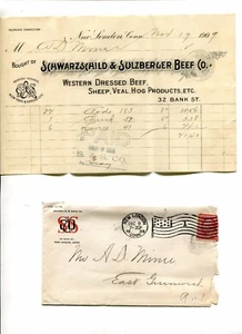 Vintage Billhead & Envelope SCHWARZSCHILD & SULZBERGER BEEF CO New London CT1909 - Foto 1 di 1