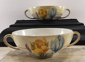 2 Vintage AMC Germany flache Sahne Suppenschalen Doppelgriff blau gelb Krokus gold - Bild 1 von 18