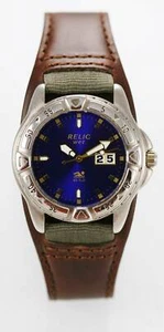 Relic Watch Mens Blue Date Stainless Silver Brown Wide Leather 50m Quartz - Picture 1 of 3
