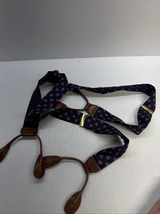 SUSPENDERS SILK NAVY BLUE RED WIDE COGNAC BROWN LEATHER BRASS - Picture 1 of 7