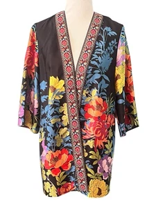 Susan Graver Artisan Black Floral Jacket •XS• Open Front Duster Kimono STUNNING - Picture 1 of 11