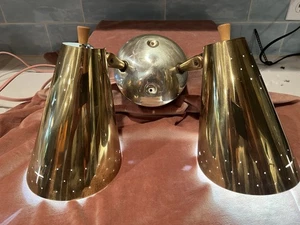 Vintage 1950s 1960s Brass Dual Wall Mounted Cone Light Sconce . - Picture 1 of 24