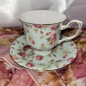 Gracie Bone China Rose Chintz Teetassen/Untertassen (2) Blau und Creme Goldrand 8 Oz - Bild 1 von 10